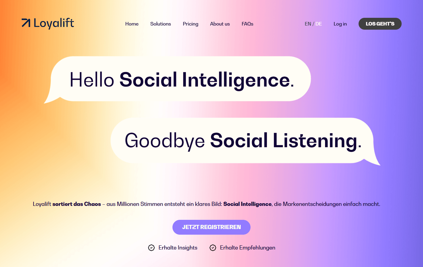 Loyalift-Startseite mit farbigem Verlauf und Sprechblasen zu Social Intelligence und Social Listening