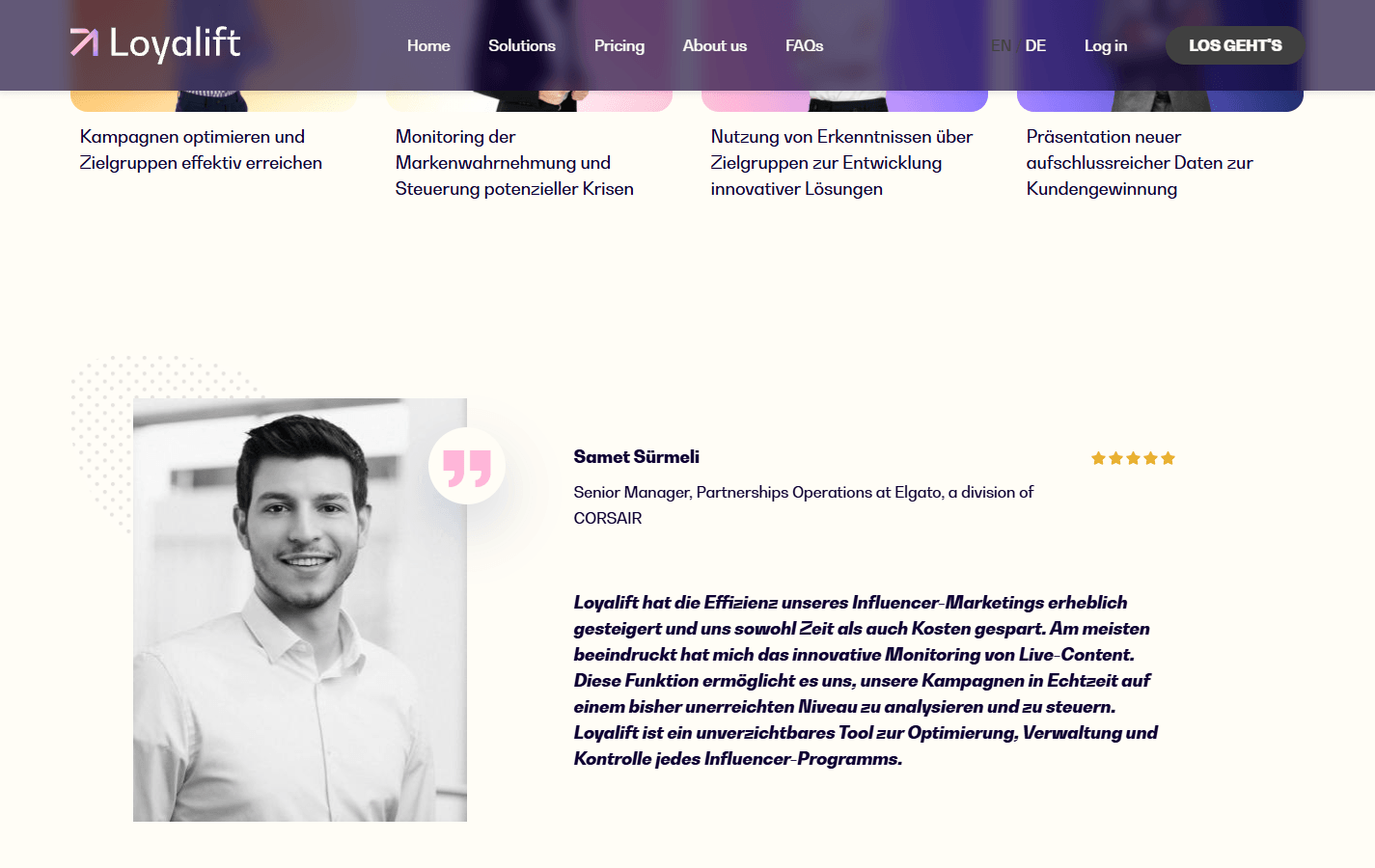 Loyalift-Website mit Porträt, Sternebewertung und Kundenstimme zum Influencer-Marketing