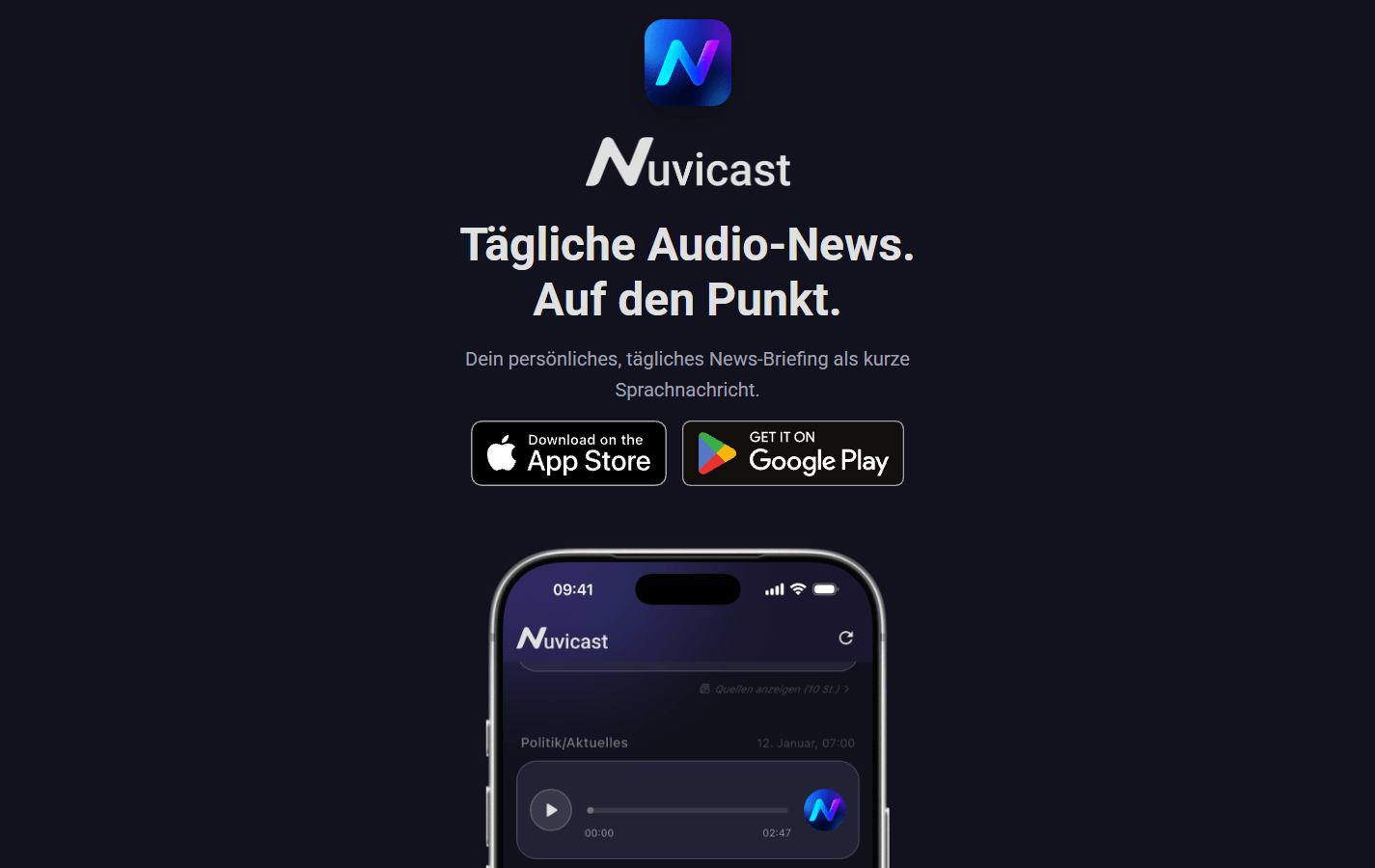 Nuvicast-Website mit App-Logo, Audio-News-Einführung, Store-Links und einer App-Ansicht
