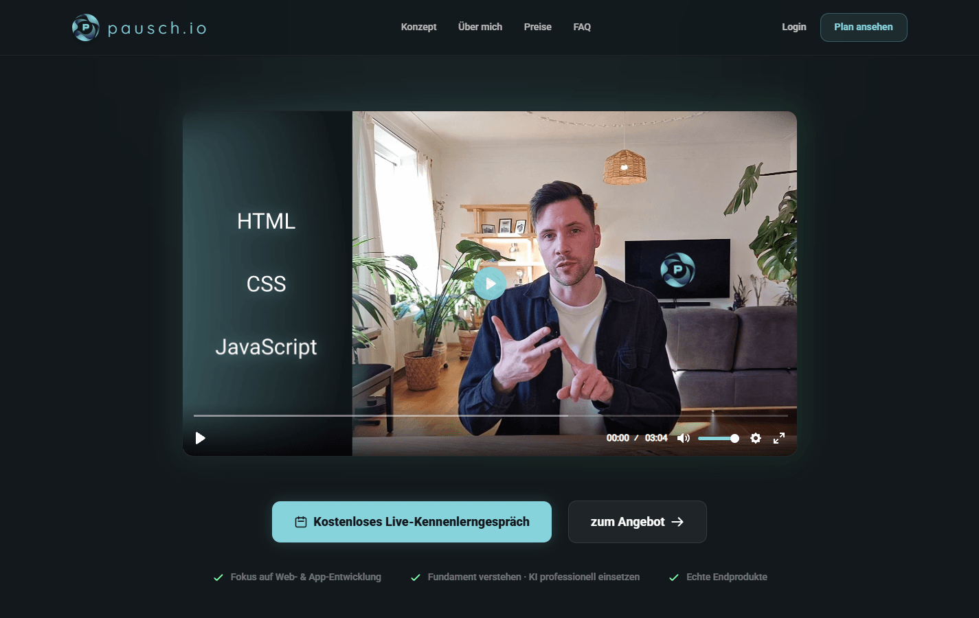Startseite von pausch.io mit Einführungsvideo zur Webentwicklung und Links zu Gespräch und Angebot
