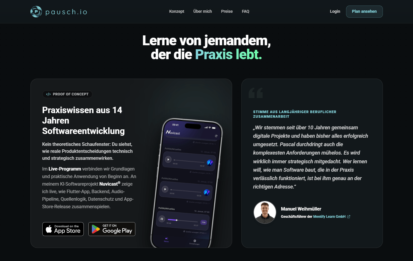 pausch.io-Website mit Nuvicast als Praxisprojekt und einer Stimme aus der beruflichen Zusammenarbeit